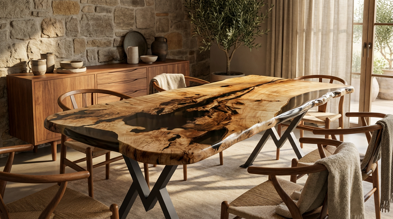 Massivholztisch aus Esche mit Epoxidharz